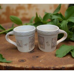 2 Summer Fields Sonoma Ceramic Mugs Rustic Botanical & Bird Motif Design